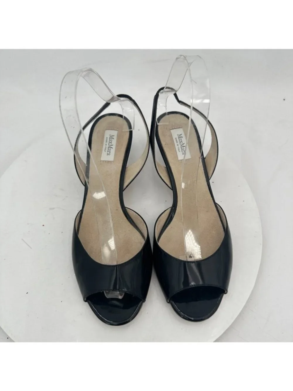 Max Mara Women EU 37 Black Patent Open-Toe Slingback Kitten-Heel Sandals